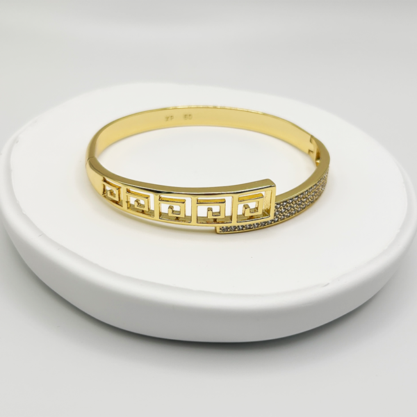14K Gold-Filled Greek Key Bangle Bracelet with Sparkling Zirconia